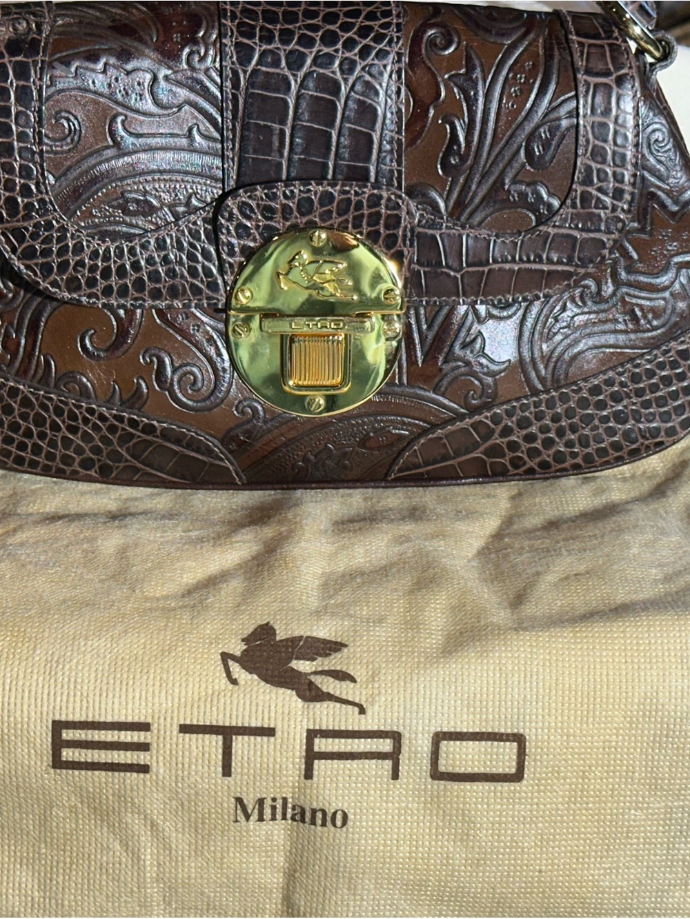 Etro Brown Embossed Leather Shoulder Bag with Gold Hardware